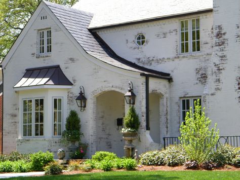 gray brick house | white wash, or lime paint Limewash Brick Exterior, Brick Exterior Makeover, White Brick House, Painted Brick Exteriors, Painted Brick House, White Wash Brick, Casas Coloniales, Exterior Makeover, White Brick