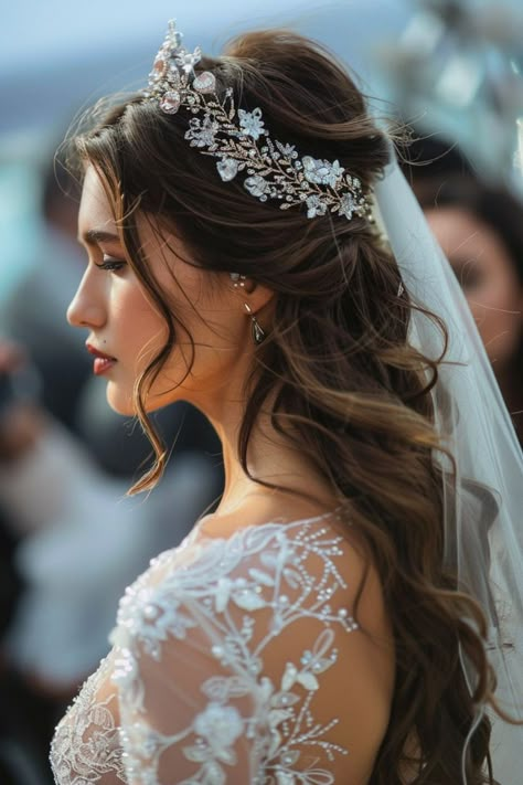 Wedding Hairstyle Tiara, Wedding Princess Hair, Bride Hairstyles Tiara, Half Up Half Down Wedding Hair With A Tiara, Wedding Bridal Hair With Veil, Tiaras For Weddings, Half Up Half Down Wedding Hair With Veil And Tiara, Princess Bridal Hairstyles, Princess Hair With Tiara