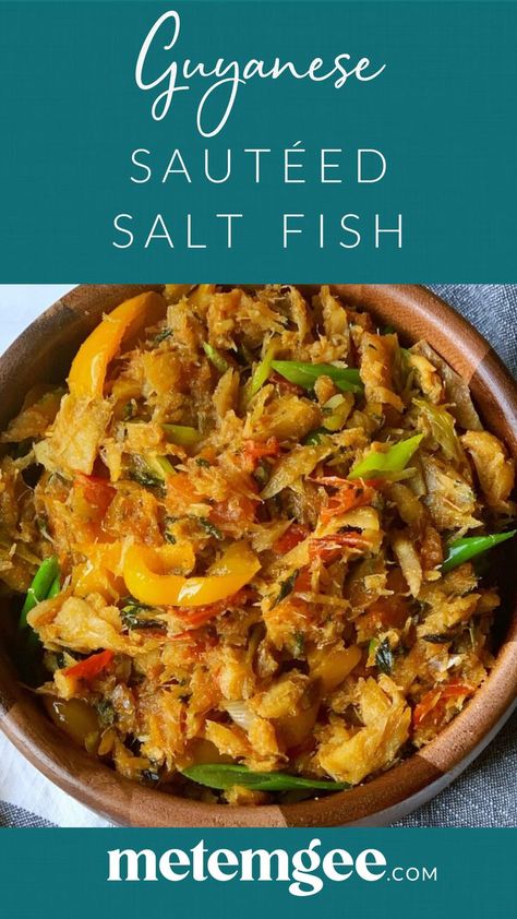 West Indian Food Caribbean, Salt Fish Recipe Trinidad, Salt Fish And Bake, Salted Fish Recipe, Easy Caribbean Recipes, Saltfish Recipes Caribbean, Jamaican Salt Fish Recipe, Caribbean Fish Recipes, Guyanese Breakfast