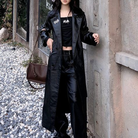 Material: Polyester 
Size: S-L 
SKU:?CO49883 Punk Goth Outfits, Long Trench Coat Outfit, Leather Coat Outfit, Goth Coat, Trenchcoat Outfit, Leather Outfits Women, Alt Clothes, Trench Coat Outfit, Black Punks