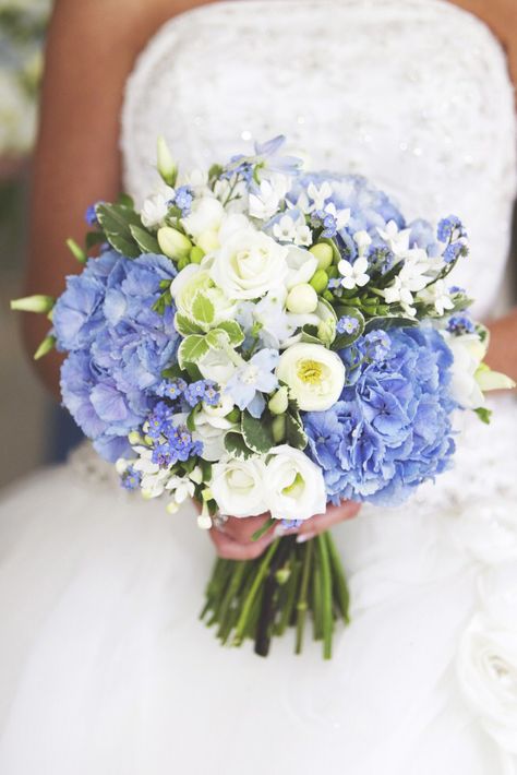 Pale blue hydrangea , white ranunculus , blue forget me nots , white freesia , wedding hand tied brides bouquet Bouquet Champetre, Hydrangea Bouquet Wedding, Blue And White Flowers, Beautiful Bridal Bouquet, White Ranunculus, Blue Wedding Bouquet, Hydrangeas Wedding, Wedding Hands, Blue Wedding Flowers