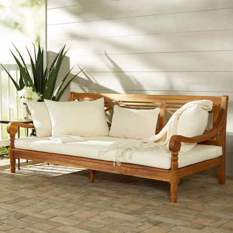 Alcott Hill® Roush Teak Patio Daybed with Cushions & Reviews | Wayfair Outdoor Patio Daybed, Kursi Outdoor, Patio Daybed, Outdoor Daybed, Coastal Bedrooms, Trundle Bed, Teak Outdoor, Patio Sofa, Beachcrest Home