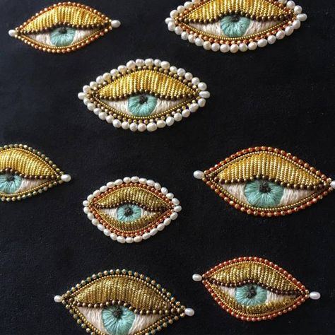 Eye Embroidery, Beaded Art, Embroidered Art, Evil Eyes, 자수 디자인, Gold Work, Beaded Brooch, Embroidery Fashion, Eye Art