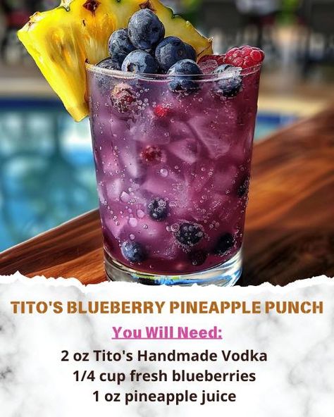 Karla's Recipes | 🍍Tito's Blueberry Pineapple Punch🍹 | Facebook Pineapple Juice Recipes, Vodka Punch, Blueberry Vodka, Alcohol Beverages, Alcholic Drinks, Pineapple Punch, Blueberry Juice, Tipsy Bartender, Liquor Drinks