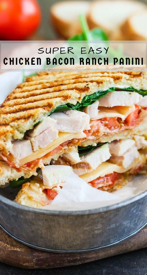 This Chicken Bacon Ranch Panini is fast, fresh, and ready in no time. Loaded with tender chunks of chicken, crisp bacon, fresh spinach, Havarti cheese, and a garlic ranch dressing, this sandwich is packed with flavor and makes the perfect, easy meal! #panini #chicken #chickenpanini #bacon #baconpanini #ranch #lunch #sandwich Chicken Bacon Ranch Panini, Garlic Ranch Dressing, Best Panini Recipes, Panini Press Recipes, Chicken Crisps, Garlic Ranch, Chicken Panini, Yum Sauce, Panini Recipes