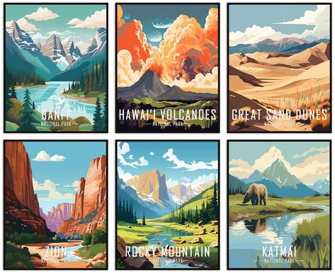 PRICES MAY VARY. QUALITY PRINTS: National park poster set is printed on 100% new and premium quality 350gsm glossy paper with surface coated for a durable,waterproof ,cleanable. It is printed in a high-tech digital printing machine which makes our prints fade-resistant.The inks used in production are 100% nature friendly. National park poster set can be used in all living spaces with peace of mind. READY TO FRAME: Please note that these national park wall art set of 6 do not come with frames. Pl National Park Nursery, Vintage National Park Posters, Vintage National Park, National Park Art, Digital Printing Machine, Illustration Art Kids, Nature Friendly, Mountain Print