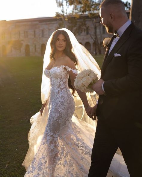 Galia Lahav on Instagram: "Walking towards her forever under the sunset, @nikoletta_vidakovic is wearing our stunning MAYA✨ The fitted, semi-sheer mermaid dress with 3D embroidered flowers captured the essence of their love story | Book your appointment today! #GLbride #galialahav" Galia Lahav Wedding Dress, Strapless Wedding Gown, Exquisite Gowns, Galia Lahav, Silk Tulle, Wedding Gowns Lace, Mermaid Gown, Story Book, Book Your Appointment