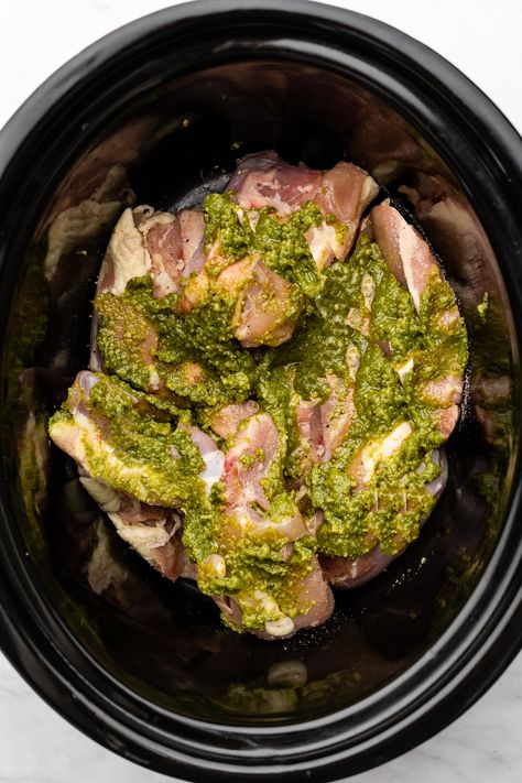 2-Ingredient Crockpot Pesto Chicken Thighs Recipe Pesto Chicken Crockpot Recipes, Pesto Chicken Pasta Crockpot, Pesto Crockpot Recipes, Chicken Pesto Crockpot, Pesto Crockpot Chicken, Pesto Chicken Crockpot, Slow Cooker Chicken Pesto, Crock Pot Pesto Chicken, Slow Cooker Pesto Chicken