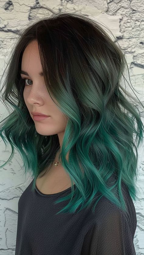 Discover 25 Green Hair Colors for Your Next Style Change Brown To Dark Green Ombre Hair, Medium Length Green Hair, Emerald Green Balayage Hair, Green Baylage, Smokey Green Hair, Silver And Green Hair, Hair Color Ideas Green, Brown And Green Hair, Jade Green Hair