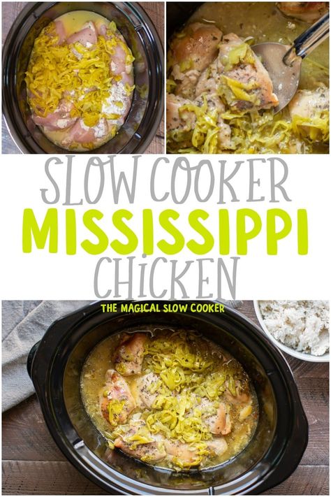 Slow Cooker Mississippi Chicken has ranch and tangy pepperoncinis. Great over rice or mashed potates. - The Magical Slow Cooker #chicken #mississippichicken #easychickenrecipes #dinnerideas #crockpot #slowcooker Mississippi Chicken, Magical Slow Cooker, Chicken Cooker, The Magical Slow Cooker, Chicken Slow Cooker Recipes, Crockpot Recipes Slow Cooker, Crock Pot Cooking, Chicken Crockpot Recipes, Slow Cooking