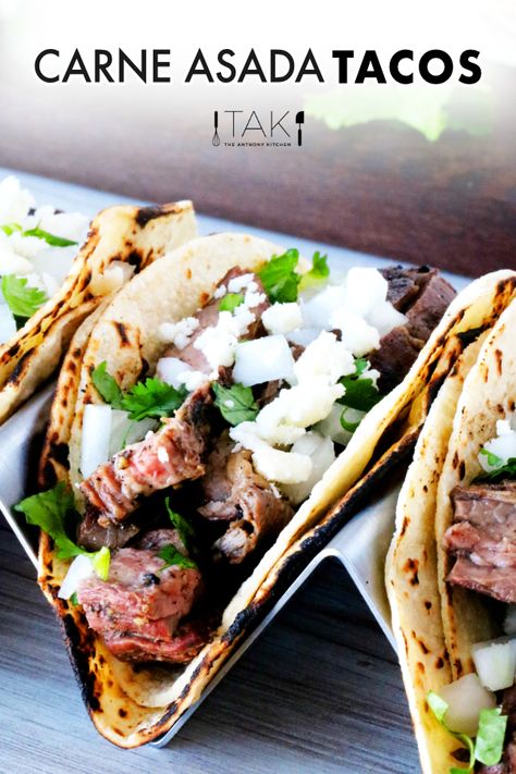 How to make the best Carne Asada Tacos (served Mexican Street Taco style)! Marinated flank steak is cooked to juicy, beefy perfection, wrapped in a double layer of corn tortillas, and humbly topped with diced white onion and sprigs of cilantro. Add a fresh squeeze of lime and a dollop of guacamole for an easy Mexican dinner idea and a taco night extravaganza! Filet Mignon Tacos, Carne Asada Tacos Recipe, Mexican Street Tacos, Carne Asada Steak, Taco Recipes Mexican, Carne Asada Marinade, Flank Steak Tacos, Street Taco Recipe, Carne Asada Recipes