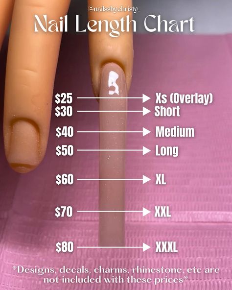 nail length chart💕 starting 8/25/24 •current prices are in highlights - when booking an appointment please refer to this chart for the length you would like!! - - - #naillengthchart #nails #acrylicnails #beginnernailtech #bookwithme #clovis #559 #fresno #explorepage #clovisnailtech #fresnonailtech #beauty Nail Salon Equipment Checklist, Nail Information, Nail Price List Ideas Beginner, Nail Chart Length, Beginner Nail Tech Prices, Nail Prices For Beginners, Nail Tech Instagram Highlights, Nail Tech Prices, Nails Length Chart