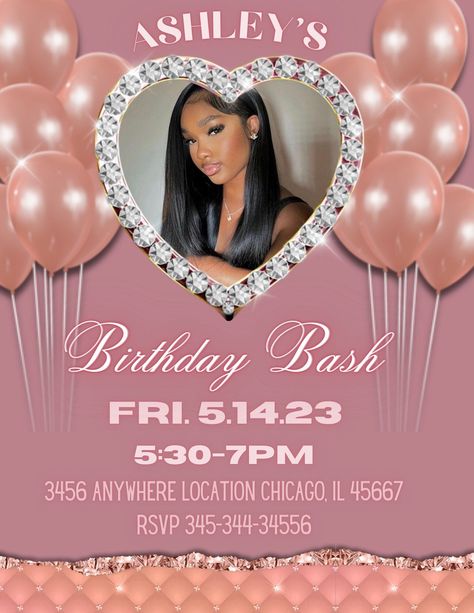 This is a digital listing no physical item will be shipped  Editable  Contact me if u have any questions or need help  Inbox pictures & words u u want on flyer of u need help editing or need me to edit flyer for u💕 Flyer link will be in inbox , after u click link it will direct u to canva Birthday Invitations With Pictures, Pink Birthday Invites, 18th Birthday Flyer, Pink Birthday Invitations Template, Pink Birthday Invitations, Birthday Invitations Ideas, Bday Invitation Card, Pink Birthday Theme, Sweet 16 Party Decorations