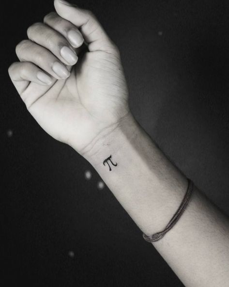 Tiny Pi symbol tattoo on the inner wrist Math Tattoo, Pi Tattoo, Birthdate Tattoo, Inner Wrist Tattoos, Glyph Tattoo, Pi Symbol, Circle Tattoo, Symbol Tattoo, Hip Tattoos Women