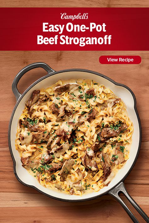 Classic favorite, easy clean up! This Easy One-Pot Beef Stroganoff is a modern and simplified twist on a classic Beef Stroganoff.  In this quick 25-minute version, the beef and noodles cook together in Condensed Cream of Mushroom Soup, so only one skillet is needed. What you still get is that creamy, savory and comforting taste that has made Beef Stroganoff a favorite dinnertime staple that the whole family can gather around and enjoy. Cream Of Mushroom Soup Beef Stroganoff, Campbells Beef Stroganoff Recipe, Stovetop Beef Stroganoff, Campbells Cream Of Mushroom Soup Recipes Beef Stroganoff, Stroganoff Recipe Easy Mushroom Soup, Beef Stroganoff Mushroom Soup, Casserole With Cream Of Mushroom Soup, Campbells Stroganoff Recipe, Stroganoff Cream Of Mushroom Soup