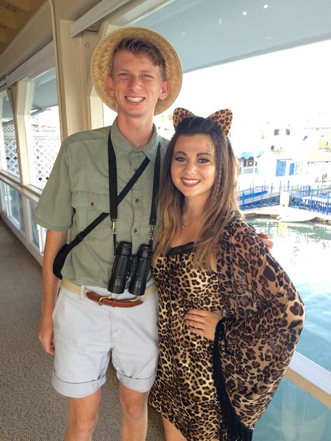 Cheetah and safari tourist Halloween costume Wildlife Explorer Costume, Hunter And Cheetah Costume, Cheetah And Safari Couple Costume, Safari Explorer Costume Woman, Animal Couples Costume, Tiger And Zoo Keeper Costume, Cougar Hunter Halloween Costume, Cheetah And Hunter Couple Costume, Zookeeper And Animal Costume