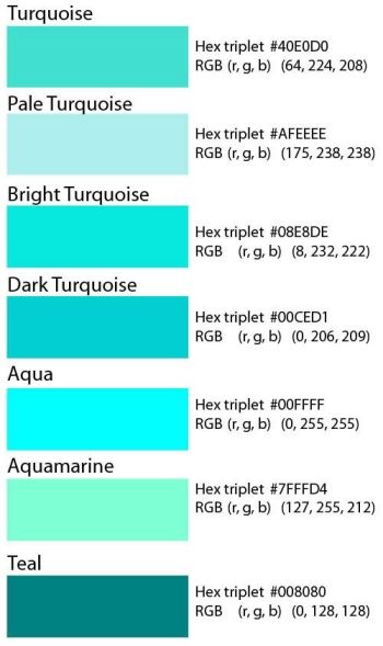 Any color but pale or teal are shades I like and would use. Basically anything from ice cream green - Tiffany blue and anything in between but Aqua/turquoise is a safe bet for a color. Any shade bright or light...there will be something similar and blend able for either gender. Costal Colour Scheme, Turquoise Bedroom, Permaculture Farm, 블로그 디자인, Teal Wedding Colors, Teal Color Palette, Shades Of Blue And Green, Turquoise Color Palette, Different Shades Of Blue