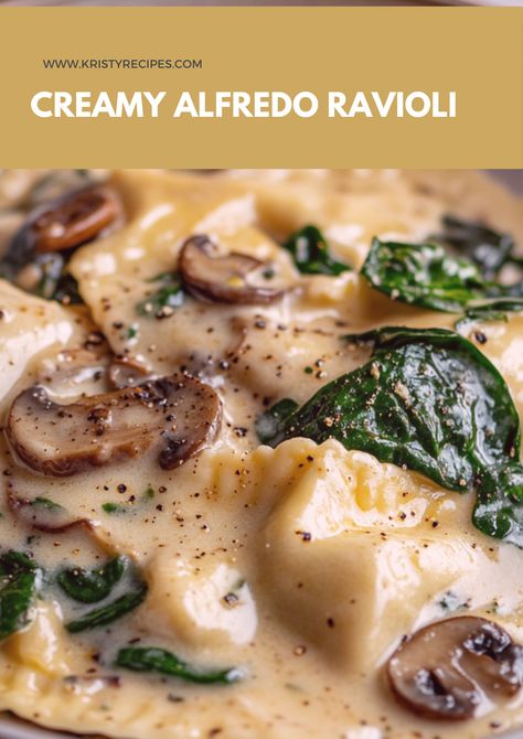 Easy Spinach & Mushroom Alfredo Ravioli – A quick and comforting dinner ready in under 30 minutes! Perfect for busy weeknights. ⏱🍴 #QuickDinner #RavioliRecipe Sauces For Spinach And Cheese Ravioli, Creamy Mushroom Ravioli Sauce, Mushroom Ravioli With Chicken, Frozen Mushroom Ravioli Recipes, Chicken Alfredo Ravioli Lasagna, Veggie Ravioli Recipe, Spinach Alfredo Pasta Recipes, Shrimp Mushroom Alfredo, Recipes Using Ravioli