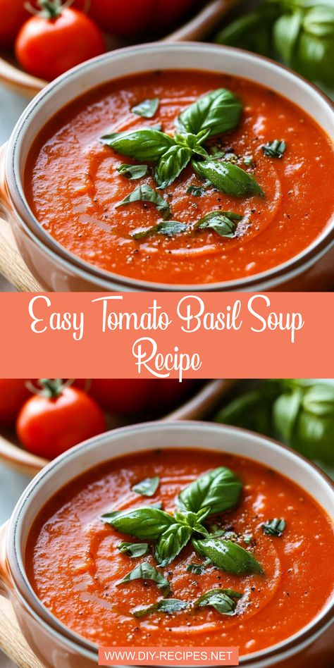 This easy tomato basil soup is made with roasted roma tomatoes and fresh basil. A delicious, comforting bowl perfect for any time of year! Homemade Tomato Basil Soup With Fresh Tomatoes, Tomato Soup Recipe With Tomato Sauce, Tomatoe Basil Soup Fresh Tomatoes, Tomato Basil Soup With Fresh Tomatoes, Tomato Soup Recipe With Fresh Tomatoes, Tomato And Basil Recipes, Fresh Tomato Basil Soup, Basil Tomato Soup, Roasted Roma Tomatoes