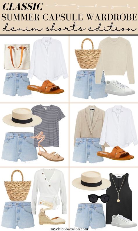 Think about it: a wardrobe made up of high-quality, versatile pieces that make getting dressed in the summer heat a breeze. From grocery shopping to date night, this selection includes everything you'll need in a classic capsule wardrobe for summer. These timeless pieces will allow you to create dozens of different looks that will keep you stylish all summer long. #summercapsulewardrobe #summeroutfits #capsulewardrobe #summerstyle #denimshorts Timeless Capsule Wardrobe Summer, Timeless Casual Outfits Summer, Timeless Summer Wardrobe, Simple Summer Capsule Wardrobe, Summer Basics 2023, How To Dress 38 Year Old, Classic Fashion Style Summer, Minimalistic Vacation Outfits, Classic Chic Outfits Summer