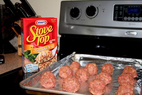 In a large bowl, mix: 2 lbs of ground beef 1 box of chicken flavored Stovetop Stuffing 1 1/4 cups of water 2 eggs I would also recommend you add a few more spices (pepper, garlic, etc.) Use a 1/4 cup to measure out each meatball. Place on a cookie sheet that has been lined with tin foil (you may need 2 pans). Cook at 400 for 16-18 minutes (I like to turn mine over half way through cooking). Stovetop Meatballs, Stuffing Meatballs, Stovetop Stuffing, Stove Top Stuffing, Beef Bowl, Food Beef, How To Cook Meatballs, Stove Top Recipes, Ground Beef Recipes Easy