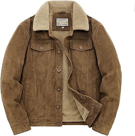 utcoco Men's Vintage Fleece Sherpa Lined Corduroy Denim Trucker Jackets Lapel Button Down Thickened Winter Coats (M, Khaki) at Amazon Men’s Clothing store Mens Jackets Casual, Corduroy Shorts, Winter Outfits Men, Casual Outerwear, Mode Design, Velvet Jacket, Mens Winter Fashion, Trucker Jacket, Corduroy Jacket