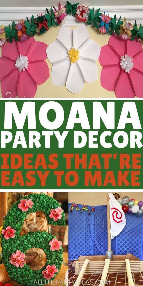 Disney princess MOANA PARTY DECORATIONS on a budget for kids birthdays for girls and boys, baby shower, wedding, or other celebration. Cheap DIY party decor ideas or cheap party supplies. Simple tutorials for backdrops with balloons and streamers, centerpieces for dessert tables from recycled materials and lots of free printables. Invitations, birthday banners, food tags, goodie bags and more featuring Maui, boat, flowers, beach ocean island, Te Fiti, and kora symbol Moana Diy Decorations, Maui Themed Birthday Party For Boys, Diy Moana Boat, Maui Birthday Party For Boys, Backdrops With Balloons, Moana Centerpieces Ideas, Moana Cast, Party Decorations On A Budget, Diy Party Decor Ideas