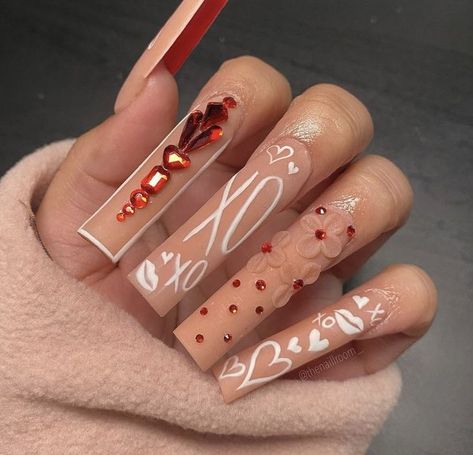 Valentines Day Nails, Red Acrylic Nails, Long Acrylic Nail Designs, Nail Designs Valentines, Long Acrylic Nails Coffin, Acrylic Nails Coffin Pink, Unique Acrylic Nails, Fire Nails, Pretty Acrylic Nails