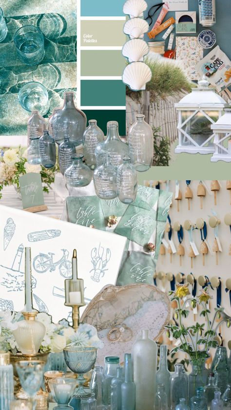 Country Coastal Wedding, Coastal Wedding Color Schemes, Sea Glass Wedding Theme, Sea Glass Green Wedding, Coastal Wedding Colors, Seaglass Wedding, Coastal Wedding Theme, Sea Glass Wedding, Beachy Wedding