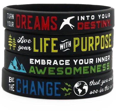 PRICES MAY VARY. Set of 4 inspirational silicone rubber wristbands with positive motivational words and messages Includes the following designs: "Be the change that you wish to see in the world," "Embrace your inner awesomeness," "Turn your dreams into your destiny," and "Live your life with purpose" Standard unisex adult size of 8 inches around fits most men, women, and teen wrist sizes Black with multi-colored accents; vintage hipster style graphics This set of 4 motivational silicone wrist ba Message Bracelets, Quote Message, Motivational Jewelry, Bracelet Quotes, Message Bracelet, Vintage Hipster, Inspirational Jewelry, Inspirational Bracelets, Be The Change