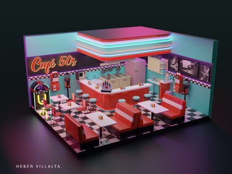 Isometric Rooms, Diner Aesthetic, Lotes The Sims 4, Diner Decor, Vintage Diner, Rumah Minecraft, Retro Cafe, Retro Diner, American Diner