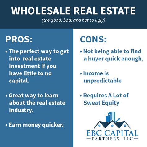 Pros and Cons wholesaling in Real Estate. EBC Capital Partners, LLC. Wholesale Real Estate For Beginners, Real Estate Wholesaling, Wholesaling Real Estate, Wholesale Real Estate, Investing In Real Estate, Estate Planning, Pros And Cons, Real Estate Investing, Of Course