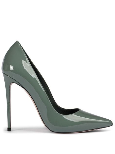 sage green leather patent finish pointed toe slip-on style branded leather insole high stiletto heel leather sole Le Silla Heels, Farfetch Shoes, Expensive Heels, Green Shoes Heels, Collage Cutouts, Green High Heels, Expensive Shoes, Chic Heels, Cosplay Shoes