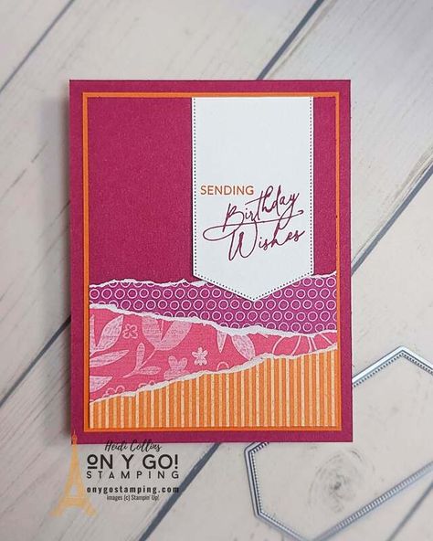 Easy Handmade Card Idea Using Torn Patterned Paper - ON Y GO! STAMPING Torn Paper Cards Handmade, Cards Using Scraps Of Paper, Paper Cards Handmade, Simple Cards Handmade, Scrap Cards, Free Stamps, Easy Cards, Card Sketch, Easy Handmade