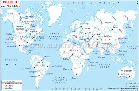 Studying Rivers of the world----World River Map shows the major rivers and lakes around the world, such as the Nile, Amazon, and Yangtze Rivers. World Geography Map, River Map, Continents And Oceans, Map World, Physical Map, Asia Map, Geography Map, India Map, Lake Map