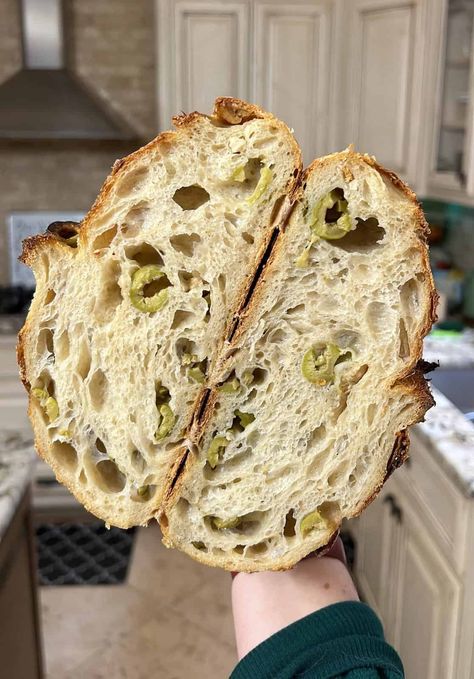 Roasted Garlic + Olive Sourdough Loaf Green Olive Bread, Olive Loaf, Fermented Bread, Recipe Using Sourdough Starter, Parmesan Bread, Sourdough Loaf, Olive Bread, Homemade Bread Easy, Sourdough Starter Recipe