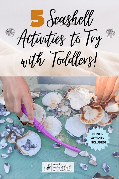 Title reads, "5 Seashell Activities to Try with Toddlers." Two seashell icons are beside the title. Underneath title is an image of a child's hands washing seashells using a toothbrush. Logo at the bottom says Make Mindful Memories. Sea Week Activities For Toddlers, Seashell Crafts For Toddlers, Shell Activities Preschool, Shell Activities For Kids, Sea Creature Activities For Toddlers, Sharing A Shell Activities Eyfs, Seashell Crafts Preschool, Toddler Ocean Activities, Toddler Beach Activities