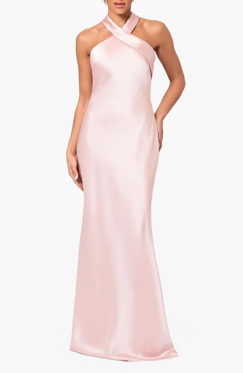 Xscape Evenings Halter Neck Satin Trumpet Gown | Nordstrom Light Pink Bridesmaid Dresses Long, Bridesmaid Dresses Halter Neck, Braids Maid Dresses, Halter Neck Prom Dress, High Neck Dress Formal, Dresses Long Elegant, Light Pink Bridesmaid Dresses, Chic Bridesmaid Dresses, Bridal Party Attire