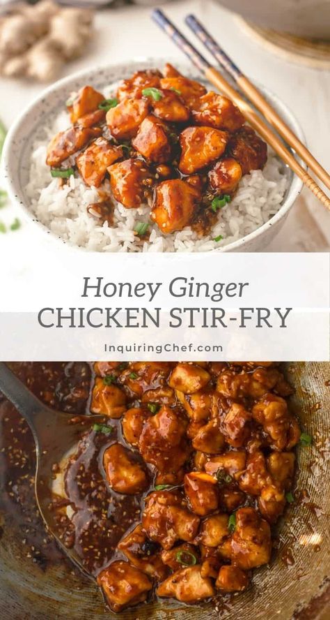 Honey Ginger Chicken Stir-Fry Ginger Chicken Stir Fry, Honey Ginger Chicken, Ginger Chicken Recipes, Sticky Sauce, Stir Fry Recipes Chicken, Cibo Asiatico, Dinner Rotation, Honey Ginger, Ginger Chicken