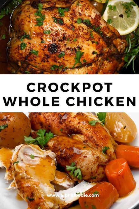 Yes, you can cook a whole chicken in a crock pot! My recipe keeps the chicken perfectly juicy and tender and makes a great fuss-free choice for Christmas or Thanksgiving. Crockpot Whole Chicken And Potatoes, Chicken Pot Roast Crockpot, Whole Chicken In The Crockpot Easy, Crock Pot Whole Chicken Recipes, Whole Chicken Crockpot, Crock Pot Whole Chicken, Whole Chicken Crockpot Recipes, Baked Chicken In Crockpot, Crockpot Whole Chicken