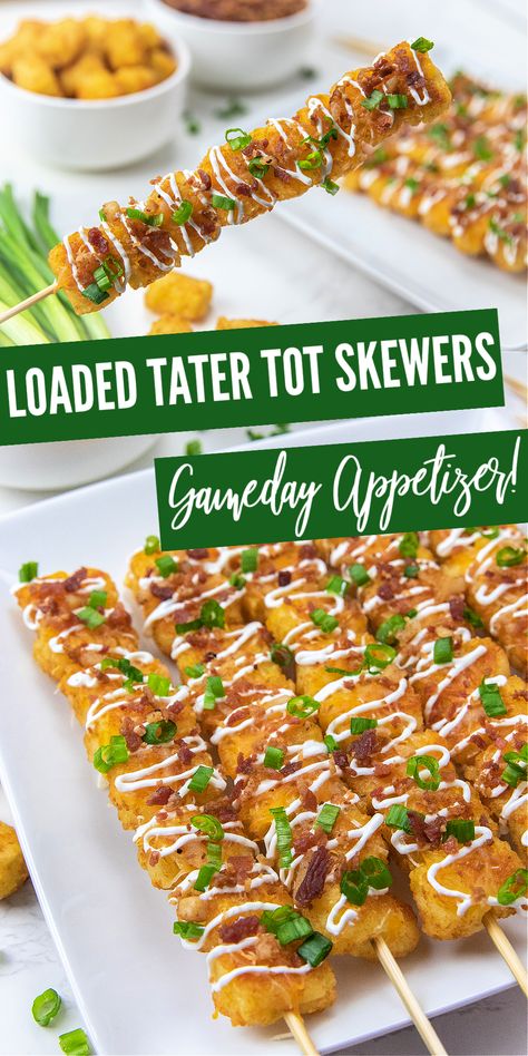 Tater Tot Recipe, Tater Tot Skewers, Football Appetizers Easy, Tater Tot Appetizers, Super Bowl Finger Foods, Loaded Tater Tot, Loaded Tater Tots, Sweet Potato Tots, Tater Tot Recipes