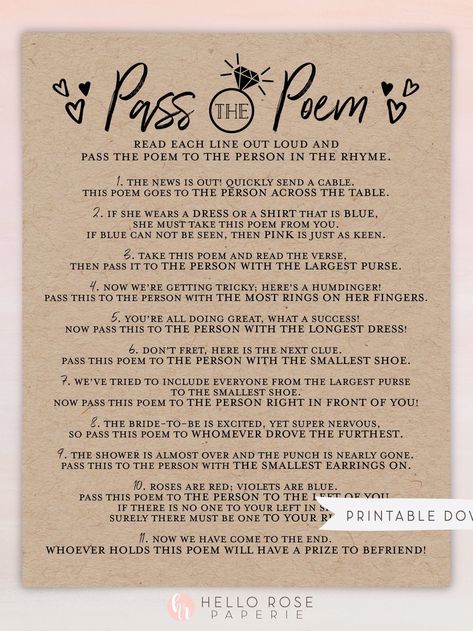 Pass the Poem Bridal Shower Printable Game . Bachelorette Hens Party . Wedding Shower . Kraft Look + Black and White . Instant Download Event Games, Fun Bridal Shower Games, Bridal Shower Planning, Bridal Shower Printables, Wedding Shower Games, Bachelorette Party Games, Bridal Shower Brunch, The Poem, Printable Game