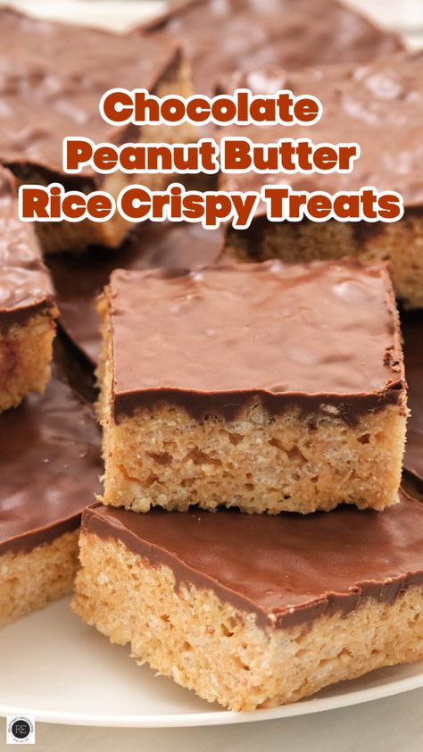 Chocolate Peanut Butter Rice Crispy Treats are made with peanut butter, Rice Krispies, and chocolate chips; the perfect after-school snack. Rice Krispy Treats With Peanut Butter, Rice Krispie Treats Peanut Butter Chocolate, Rice Krispie With Chocolate, Peanut Butter And Chocolate Rice Krispie Treats, Cereal Crispy Treats, Chocolate Peanut Butter Rice Krispies, Rice Krispie Recipes, Rice Crispies Treats, Best Rice Krispie Treats Recipe