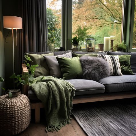 "Crafted with love, our green linen cushions paired with the plush grey sheepskin cushion brings a refreshing and luxurious touch to any dark grey sofa. The harmony of textures and colors creates a welcoming aura, perfect for any living space seeking warmth and character. 🌿 Remember to use code CMC10 for an exclusive 10% discount. Unfold a story of comfort and style with every cushion you add! 🛍️" #cushionlove #cushioncover #cushion #cushions #cushioncovers #homeinspo #homedeco #texturetalks Green Room Grey Sofa, Grey Couch Green Walls Living Room, Grey And Dark Green Living Room Ideas, Dark Gray Couch Living Room Green Accents, Black Sofa Green Pillows, Grey Sofa With Cushions Color Schemes, Grey And Green Apartment Decor, Black Couch Green Pillows, Grey Sofa Green Walls Living Room