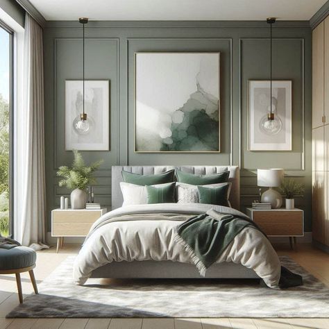 Modern Sage Green Bedroom Green Color Palette Bedroom, Hunter Green Bedrooms, Green Upholstered Bed, Emerald Bedroom, Dark Green Bedroom Ideas, Dark Green Bedroom, Emerald Green Bedrooms, Sage Green Bedroom Ideas, Sage Green Curtains