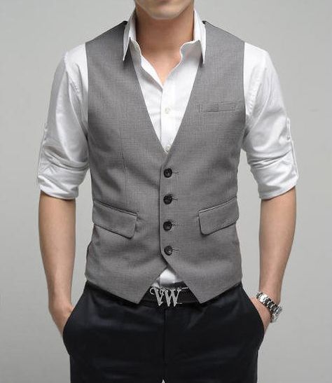 M -black pants we own, grey vest to match the guys - cream or light colored shirt? black skinny tie Mens Casual Wedding Attire, Mens Beach Style, Waistcoat Fashion, Casual Wedding Attire, Wedding Waistcoats, Mens Wedding Attire, Gray Vest, Traditional Suit, Waistcoat Men