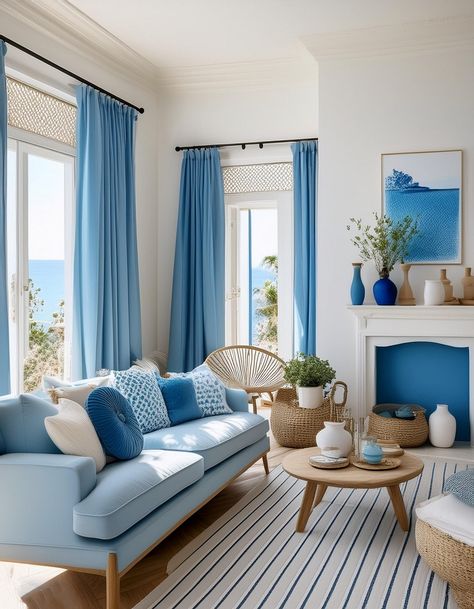 Blue and White Palette Santorini Living Room Design, Santorini Color Palette, Santorini Living Room, Greece Living Room, Santorini Interior Design, Coastal Mediterranean Interior Design, Mediterranean Living Room Ideas, Blue And White Palette, Office Bedroom Ideas