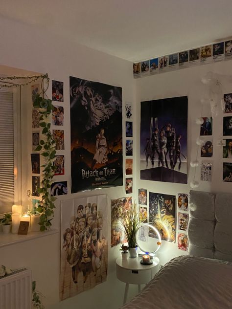 Anime Themed Apartment, Anime Poster Wall Bedroom Ideas, Room With Anime Posters, Anime Poster Wall Bedroom Aesthetic, Anime Wall Posters Bedroom, Anime Wall Bedroom, Room Ideas Anime Aesthetic, Bedroom Anime Aesthetic, Anime Wall Decor Bedroom