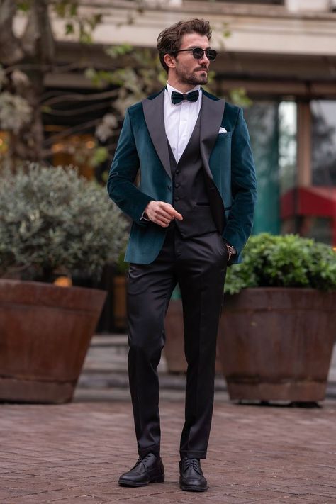 Embrace luxury and sophistication with the Emerald Velvet Slim-Fit Tuxedo 3-Piece Suit. The rich velvet fabric, sleek slim-fit silhouette, and three-piece set showcase a perfect blend of opulence and modern style. #emeraldvelvet #slimfittuxedo #luxuryfashion #sophisticatedlook #mensfashion #formalstyle #modernmenswear #velvetattire 3piece Suit Men, Three Piece Suit Mens Wedding, Three Piece Suit Mens, Emerald Velvet, Suit Styles, Wedding Outfits For Groom, Double Breasted Tuxedo, Suit Stores, Slim Fit Suit Men