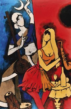 M.F. Husain - CHANDRAMUKHI TO CHANDNI BAR, 2002,... Hussain Paintings, Mf Hussain Paintings, Mf Hussain, Famous Artists Paintings, India Painting, Indian Folk Art, Madhubani Painting, Indian Artist, Indian Paintings